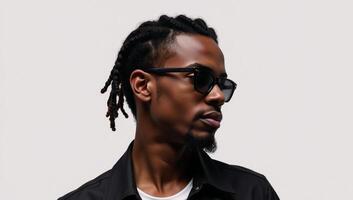 A young AfricanAmerican man wearing dreadlocks and sunglasses is depicted in profile view in a sleek modern art style on a minimalist allwhite backdrop photo