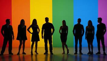 An LGBTQ representation illustration featuring lesbians and gays in a supportive inclusive setting with vibrant rainbow colors against a black background photo