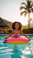 A joyful African American girl relaxes on a bright pool float at a vibrant tropical resort amidst sunlit waters and sparkling reflections capturing the essence of a carefree summer photo