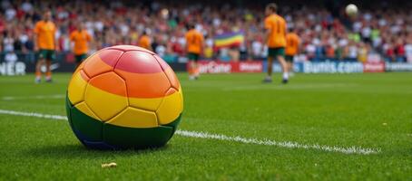 Overhead view of vibrant gay pride rainbowcolored soccer ball on a lush grassy sports field at an LGBT football event photo