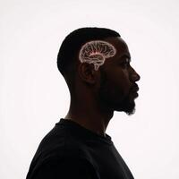 Sideview concept art showcases an African American man with a glowing brain against a white background featuring copy space for text photo