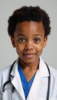 A highdefinition portrait depicts an ambitious African American child in medical attire symbolizing future success photo