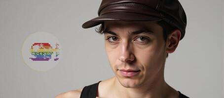 A gay man is depicted with a circular LGBTQ symbol wearing a leather cap and harness photo