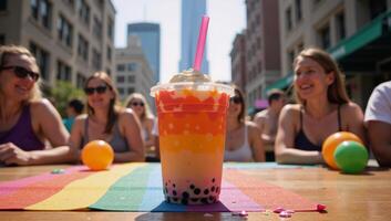Vibrant celebration of LGBTQ culture depicted through a colorful illustration showcasing a pridethemed boba tea shop with playful graphics and inclusive symbols photo