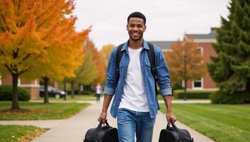 An AfricanAmerican man smiles while casually walking through campus carrying two backpacks photo