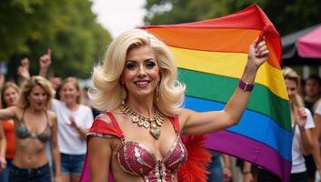 Drag Queen celebrates Gay Pride waving Rainbow Flag LGBTQ Social Movement photo