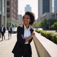 A joyful Black businesswoman stands in an urban setting gazing off depicted with neural networkstyle artistry photo