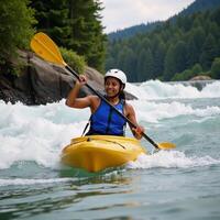 Young AfricanAmerican woman revels in an adventurous whitewater kayaking session Adventure Sports Water Activities Whitewater Kayaking Outdoor Fun photo