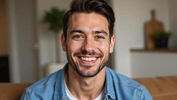 A joyful and radiant mixedrace gay man smiles warmly at home in a comfortable stylish outfit while wearing beaded jewelry photo