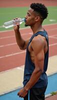 Young African American athlete sips water from a plastic bottle during practice on a running track photo