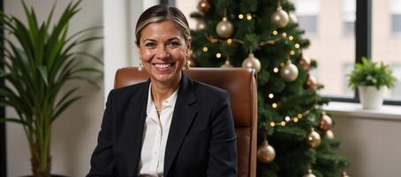 Office portrait of a serene middleaged African American businesswoman near a Christmas tree photo