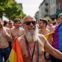 Smiling senior man displays support at Pride parade holds a rainbow flag wears sunglasses and colorful beads photo