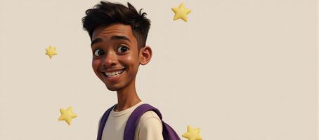 Digital painting of an attractive teenage boy featuring a smiling AfricanAmericanHispanic male carrying a backpack and dressed for school rendered in a playful animated movie style photo
