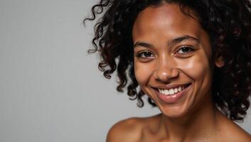 Closeup photo of a young Black woman with curls and a gentle smile