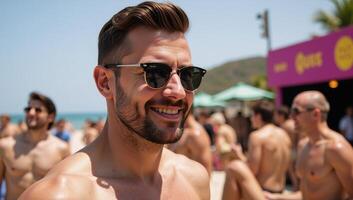 A handsome bearded man in sunglasses at a summer beach party next to a gay nightclub photo