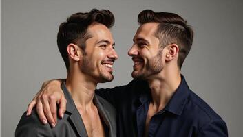 Dynamic gay couple portrait with realistic highquality imagery and cinematic lighting effects photo