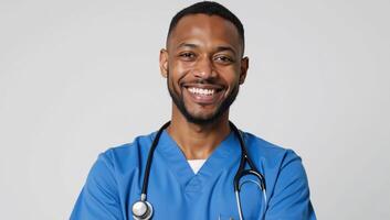 A friendly AfricanAmerican male nurse stands confidently in his blue scrubs smiling warmly while holding a stethoscope embodying caring and compassion photo