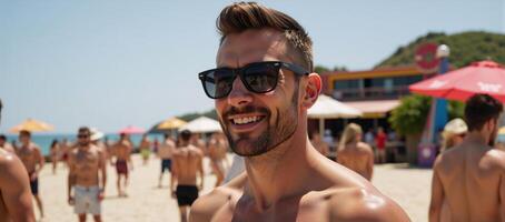 A handsome bearded man in sunglasses at a summer beach party next to a gay nightclub photo