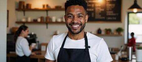 A portrait showcases a happy AfricanAmerican barista in uniform serving coffee with a smile photo