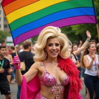 Drag Queen celebrates Gay Pride waving Rainbow Flag LGBTQ Social Movement photo
