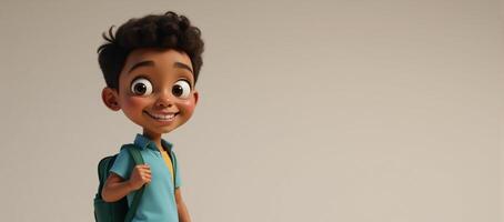 A smiling teenage boy with an ethnic background AfricanAmericanHispanic and backpack depicted as a character from a digital cartoon movie photo