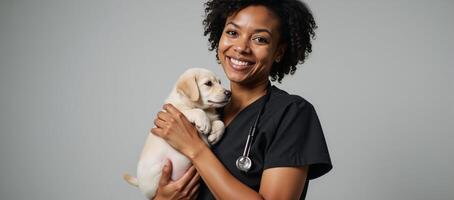 AfricanAmerican female vet tenderly holds adorable dog at pet clinic photo