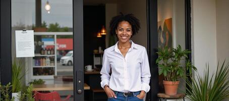 A friendly AfricanAmerican entrepreneur stands near their cafs open doorwaywindow with an invitation to enter as indicated by the display of an Open sign photo