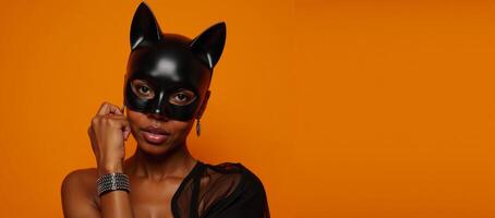 A Halloweenthemed carnival portrait featuring an African American woman dressed as a black cat in a mask and matching bracelet against an orange backdrop complete with extra space for creative photo
