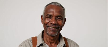 An African American old man with a warm smile stands alone against a white backdrop as a farmworker photo