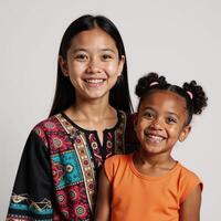 A cute smiling Native American teenager and an adorable AfricanAmerican girl share the space in the image photo