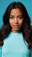 An African American woman sporting long wavy hair and captivating blue eyes is posed in a simple lightblue sweater against a solid blue backdrop photo