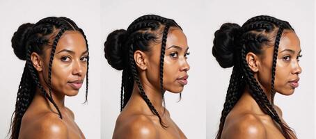 A black African American woman with defined facial features curly long braids and a stylish bun is portrayed in a 34 side view against a stark white background photo