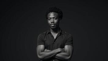 An African American man with an Afro stands against an isolated background photo