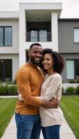 African American couple joyfully embraces outside their new contemporary residence photo