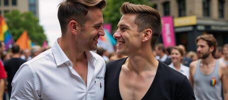 A gay pride portrait featuring two handsomely dressed men displaying their Pride colors and symbols photo