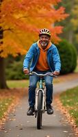 A cheerful helmetwearing African American man bikes past an autumn park photo
