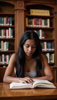 Young African American woman immersed in studying at a cozy library surrounded by bookshelves with warm lighting promoting a scholarly ambiance photo