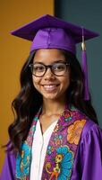 Cartoon illustration of an AfricanAmerican girl with long wavy hair wearing glasses purple graduation cap gown and African print sash photo