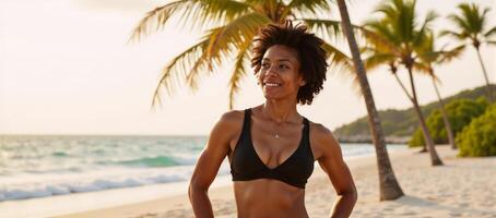 AfricanAmerican woman in a bikini at a beach photo
