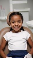 A joyful African American child is depicted during her dental visit for cleaning and examination featuring a radiant posttreatment smile with bright gleaming teeth photo