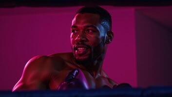 African American boxer in intense closeup under pink neon lights featuring sweaty muscles powerful stance and glowing eyes photo