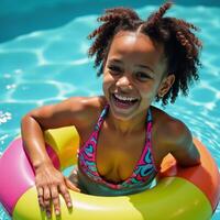 A joyful African American girl floats and laughs exuberantly in a vibrant sunlit pool surrounded by colorful inflatables photo