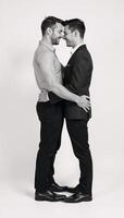 Rendering of an intimate gay couple with strong bond set against a clean background photo
