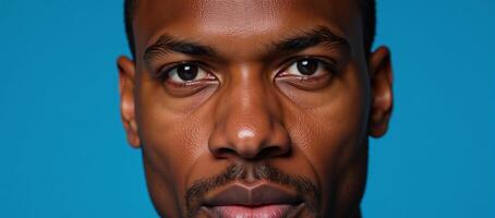 Closeup portrait featuring an African American man against a blue backdrop with emphasis on his expressive eyes photo