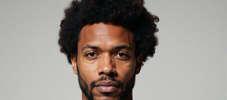 African American Man with Afro Hair stands alone against an empty backdrop photo