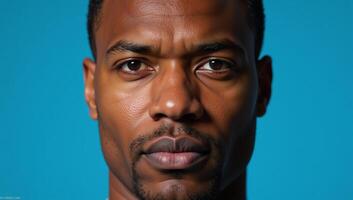 Closeup portrait featuring an African American man against a blue backdrop with emphasis on his expressive eyes photo