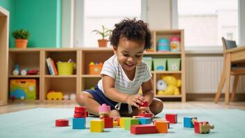 Joyful learning moment with an African American toddler engrossed in colorful wooden blocks set against a vibrant playroom backdrop photo