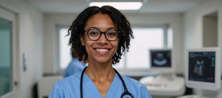 Portrait of black female doctor with stethoscope in modern hospital setting photo