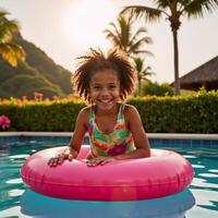 A joyful African American girl relaxes on a bright pool float at a vibrant tropical resort amidst sunlit waters and sparkling reflections capturing the essence of a carefree summer photo