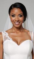 Black bride adorned in white wedding gown with veil and bridal makeup for ceremony photo